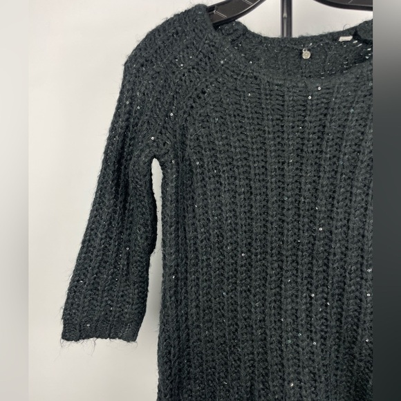Anthropologie Knitted & Knotted Black Knit Sequin‎ Sunstitch 3/4 Sleeve Sweater - Picture 2 of 6